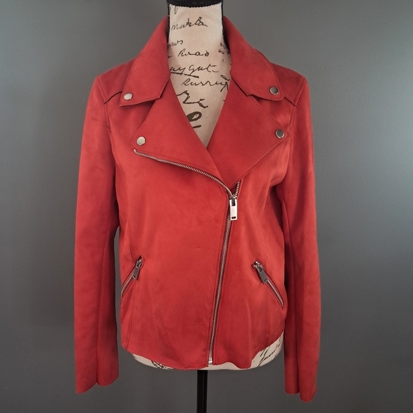 H&M Jackets & Blazers - H&M Red Faux-Suede Moto Full-Zip Jacket Size 6